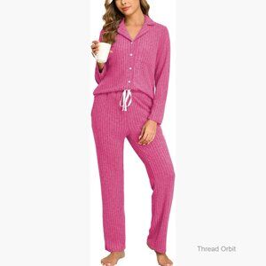 Women's Ribbed Knit Pajama Set Long Sleeve Fleece Lounge Wear S-XXL